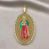 Oro Laminado Religious Pendant, Gold Filled Style Guadalupe Design, Diamond Cutting Finish, Tricolor, 05.411.0009.1