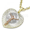 Oro Laminado Religious Pendant, Gold Filled Style Jesus and Heart Design, Diamond Cutting Finish, Tricolor, 05.380.0131