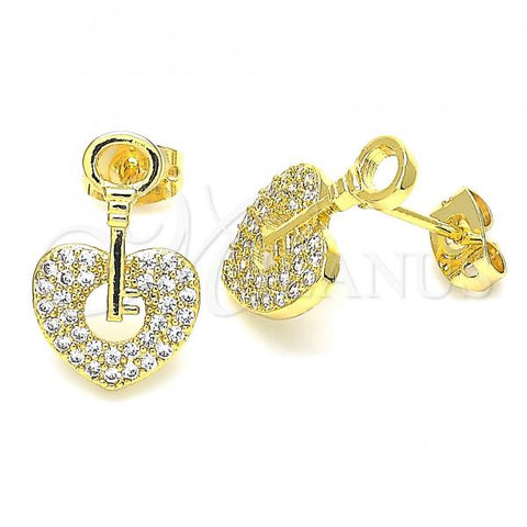 Oro Laminado Stud Earring, Gold Filled Style key and Lock Design, with White Micro Pave, Polished, Golden Finish, 02.156.0400
