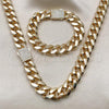 Oro Laminado Necklace and Bracelet, Gold Filled Style Miami Cuban Design, with White Cubic Zirconia, Polished, Golden Finish, 06.156.0006