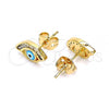Oro Laminado Stud Earring, Gold Filled Style Evil Eye Design, with White Cubic Zirconia, Light Blue Enamel Finish, Golden Finish, 02.213.0267.1