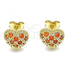 Oro Laminado Stud Earring, Gold Filled Style Heart Design, with Garnet Cubic Zirconia, Polished, Golden Finish, 02.213.0138.1