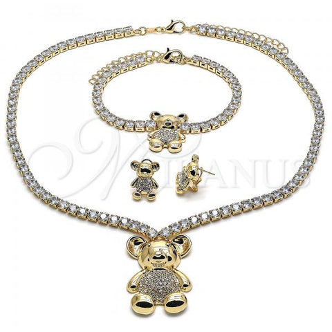 Oro Laminado Necklace, Bracelet and Earring, Gold Filled Style Teddy Bear Design, with White Cubic Zirconia and White Crystal, Polished, Golden Finish, 06.372.0015