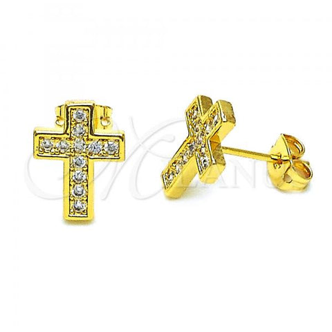 Oro Laminado Stud Earring, Gold Filled Style Cross Design, with White Micro Pave, Polished, Golden Finish, 02.342.0259