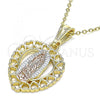 Oro Laminado Religious Pendant, Gold Filled Style Guadalupe and Heart Design, Polished, Tricolor, 05.351.0201