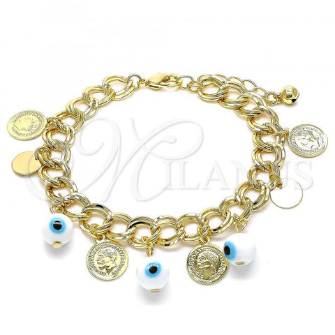 Oro Laminado Charm Bracelet, Gold Filled Style Evil Eye Design, White Resin Finish, Golden Finish, 03.331.0185.08