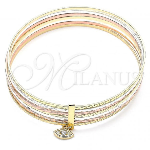 Oro Laminado Semanario Bangle, Gold Filled Style with White Cubic Zirconia, Diamond Cutting Finish, Tricolor, 07.253.0012.06 (02 MM Thickness, Size 6 - 2.75 Diameter)