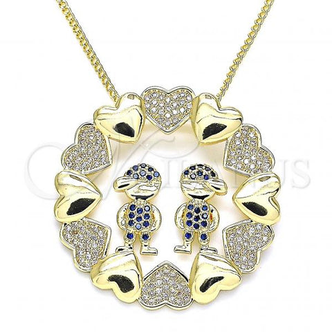 Oro Laminado Pendant Necklace, Gold Filled Style Little Boy and Heart Design, with Sapphire Blue and White Micro Pave, Polished, Golden Finish, 04.195.0062.20