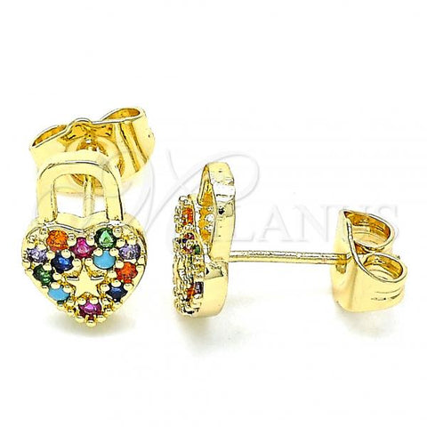 Oro Laminado Stud Earring, Gold Filled Style Lock and Heart Design, with Multicolor Micro Pave, Polished, Golden Finish, 02.210.0428.1