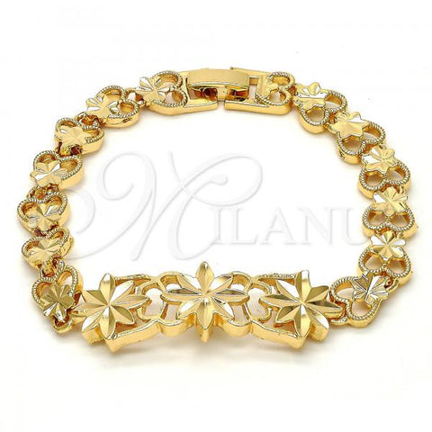 Gold Tone Fancy Bracelet, Flower and Heart Design, Diamond Cutting Finish, Golden Finish, 03.192.0030.07.GT