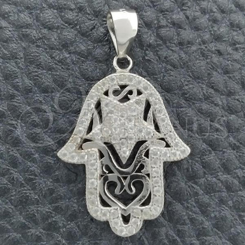 Sterling Silver Religious Pendant, Hand of God Design, with White Cubic Zirconia, Polished, Rhodium Finish, 05.398.0003
