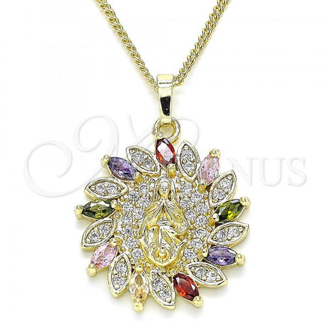 Oro Laminado Pendant Necklace, Gold Filled Style Guadalupe Design, with Multicolor Micro Pave, Polished, Golden Finish, 04.284.0032.1.20