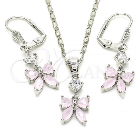 Rhodium Plated Earring and Pendant Adult Set, Bow Design, with Pink and White Cubic Zirconia, Polished, Rhodium Finish, 10.221.0010.4