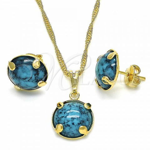 Oro Laminado Earring and Pendant Adult Set, Gold Filled Style with Turquoise Cubic Zirconia, Polished, Golden Finish, 10.09.0038.4.18
