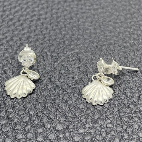 Sterling Silver Long Earring, Shell Design, with White Cubic Zirconia, Polished, Silver Finish, 02.401.0064