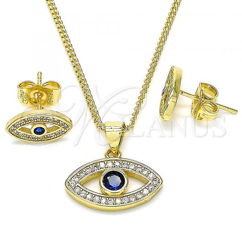 Oro Laminado Earring and Pendant Adult Set, Gold Filled Style Evil Eye Design, with Sapphire Blue and White Micro Pave, Polished, Golden Finish, 10.156.0342