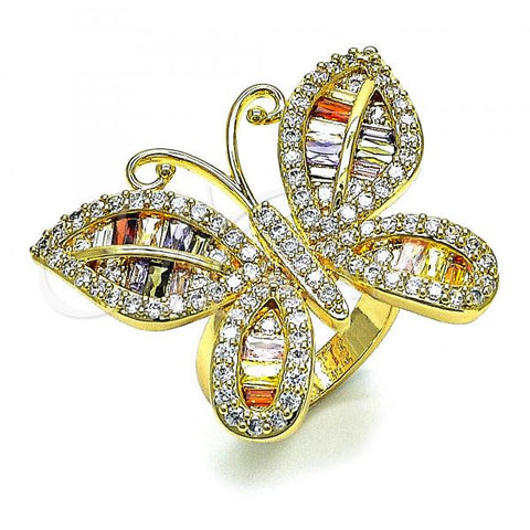 Oro Laminado Multi Stone Ring, Gold Filled Style Butterfly Design, with Multicolor Cubic Zirconia, Polished, Golden Finish, 01.283.0031.1.08
