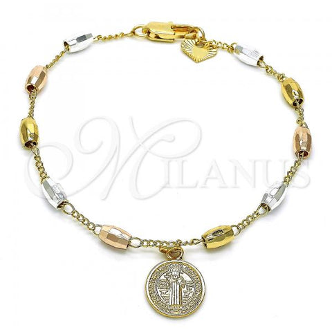 Oro Laminado Bracelet Rosary, Gold Filled Style San Benito Design, Polished, Tricolor, 03.351.0020.08