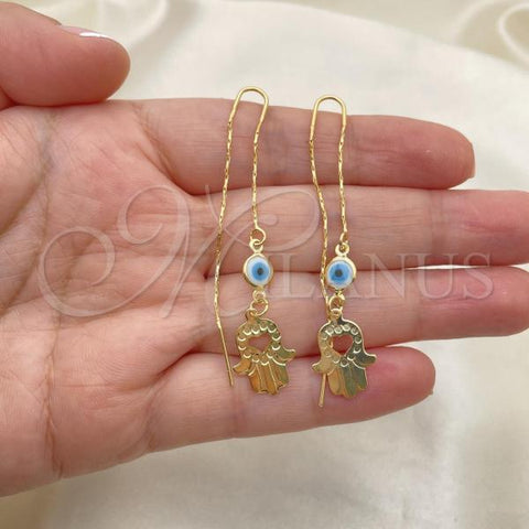 Oro Laminado Threader Earring, Gold Filled Style Greek Key and Hand of God Design, Polished, Golden Finish, 02.02.0529