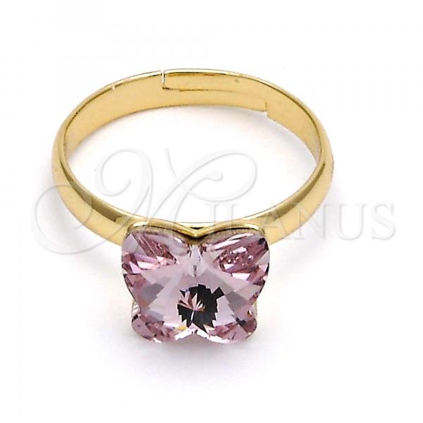 Oro Laminado Multi Stone Ring, Gold Filled Style Butterfly Design, with Rosaline Swarovski Crystals, Polished, Golden Finish, 01.239.0007.8 (One size fits all)