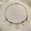Oro Laminado Charm Anklet , Gold Filled Style Dolphin and Anchor Design, with Turquoise Crystal, Polished, Golden Finish, 03.32.0595.10