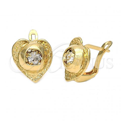 Oro Laminado Leverback Earring, Gold Filled Style Heart Design, with White Cubic Zirconia, Diamond Cutting Finish, Golden Finish, 5.127.052.2