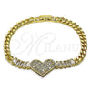 Oro Laminado Fancy Bracelet, Gold Filled Style Heart and Baguette Design, with White Cubic Zirconia, Polished, Golden Finish, 03.283.0478.07