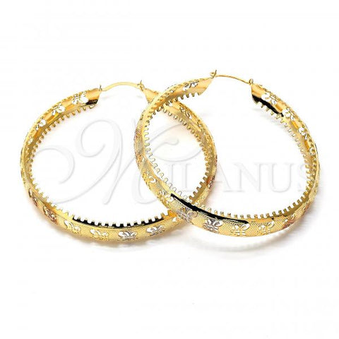 Oro Laminado Large Hoop, Gold Filled Style Butterfly Design, Diamond Cutting Finish, Tricolor, 02.32.0278