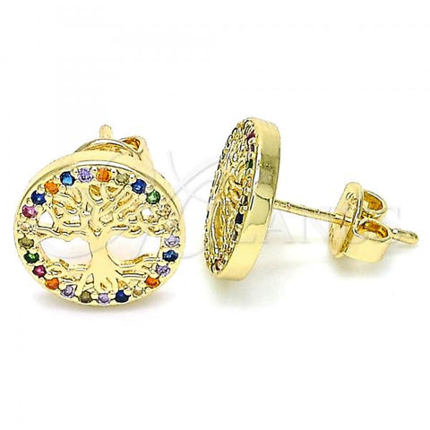 Oro Laminado Stud Earring, Gold Filled Style Tree Design, with Multicolor Micro Pave, Polished, Golden Finish, 02.156.0447.1