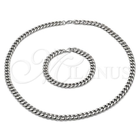 Stainless Steel Necklace and Bracelet, Miami Cuban Design, Polished, Steel Finish, 06.116.0031