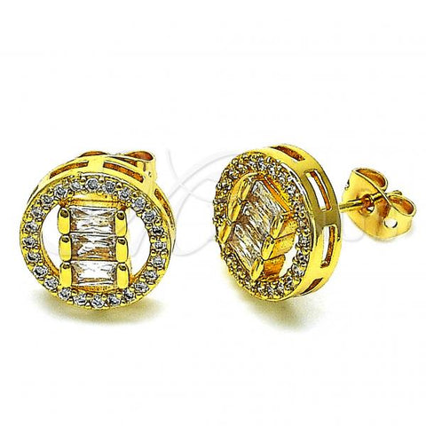 Oro Laminado Stud Earring, Gold Filled Style Baguette Design, with White Cubic Zirconia and White Micro Pave, Polished, Golden Finish, 02.342.0214