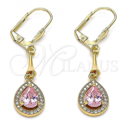 Oro Laminado Long Earring, Gold Filled Style Teardrop Design, with Pink and White Cubic Zirconia, Polished, Golden Finish, 02.387.0044.3