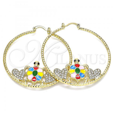 Oro Laminado Large Hoop, Gold Filled Style Turtle and Heart Design, with White and Black Crystal, Multicolor Enamel Finish, Golden Finish, 02.380.0048.50