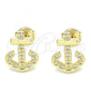 Oro Laminado Stud Earring, Gold Filled Style Anchor Design, with White Micro Pave, Polished, Golden Finish, 02.156.0463