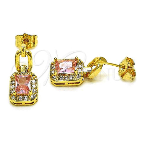 Oro Laminado Dangle Earring, Gold Filled Style with Pink Cubic Zirconia and White Micro Pave, Polished, Golden Finish, 02.283.0071
