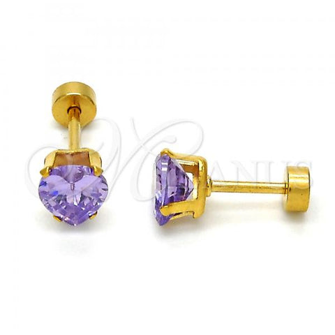 Stainless Steel Stud Earring, Heart Design, with Violet Cubic Zirconia, Polished, Golden Finish, 02.271.0009.3