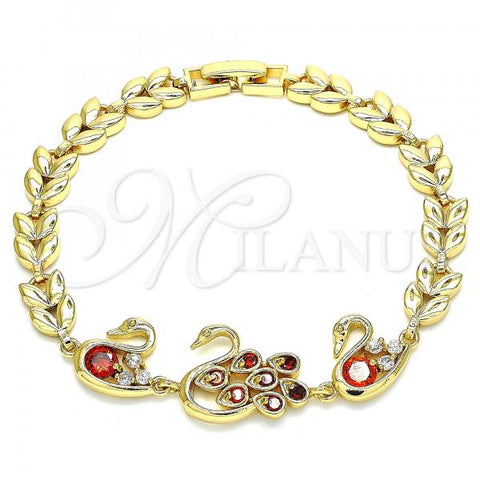 Oro Laminado Fancy Bracelet, Gold Filled Style Peacock and Swan Design, with Garnet and White Cubic Zirconia, Polished, Golden Finish, 03.210.0131.08