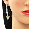 Oro Laminado Long Earring, Gold Filled Style Butterfly Design, with White Cubic Zirconia and White Micro Pave, Polished, Golden Finish, 02.283.0033