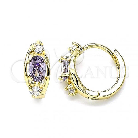 Oro Laminado Huggie Hoop, Gold Filled Style with Amethyst and White Cubic Zirconia, Polished, Golden Finish, 02.210.0608.2.12