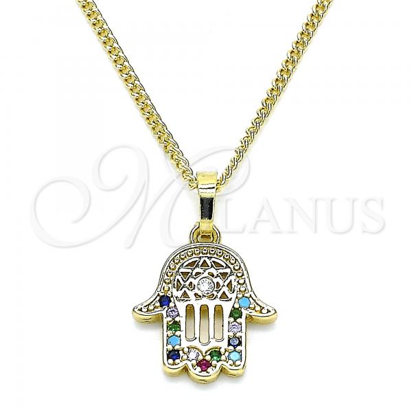 Oro Laminado Pendant Necklace, Gold Filled Style Hand of God Design, with Multicolor Micro Pave, Polished, Golden Finish, 04.210.0058.1.20
