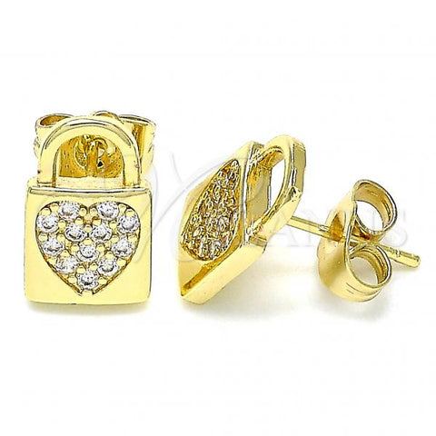 Oro Laminado Stud Earring, Gold Filled Style Lock and Heart Design, with White Micro Pave, Polished, Golden Finish, 02.210.0406