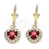Oro Laminado Dangle Earring, Gold Filled Style Heart Design, with Garnet and White Crystal, Polished, Golden Finish, 02.122.0114
