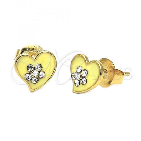 Oro Laminado Stud Earring, Gold Filled Style Heart and Flower Design, with White Crystal, Yellow Enamel Finish, Golden Finish, 02.64.0274 *PROMO*