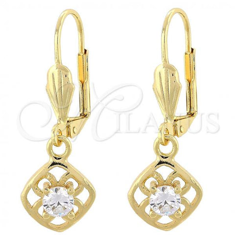 Oro Laminado Dangle Earring, Gold Filled Style Flower Design, with White Cubic Zirconia, Polished, Golden Finish, 02.63.2451