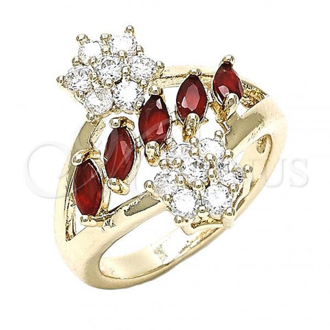 Oro Laminado Multi Stone Ring, Gold Filled Style Flower Design, with Ruby and White Cubic Zirconia, Polished, Golden Finish, 01.210.0096.1.08 (Size 8)