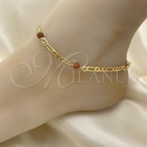 Oro Laminado Charm Anklet , Gold Filled Style Ball Design, with Brown Crystal, Polished, Golden Finish, 03.32.0603.10