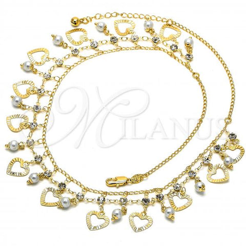 Oro Laminado Fancy Necklace, Gold Filled Style Leaf Design, with Gray Pearl and White Cubic Zirconia, Polished, Golden Finish, 04.105.0015
