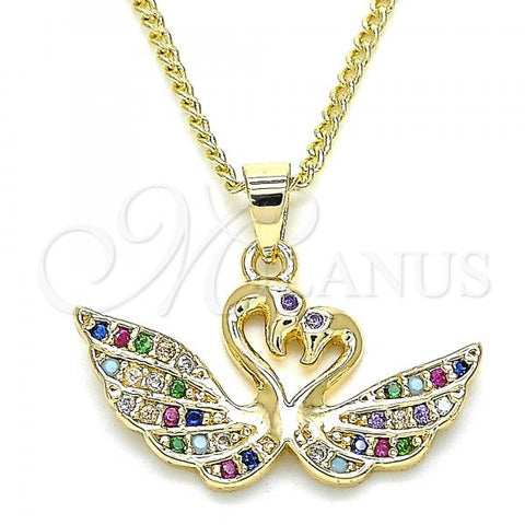 Oro Laminado Pendant Necklace, Gold Filled Style Swan Design, with Multicolor Micro Pave, Polished, Golden Finish, 04.344.0017.2.20