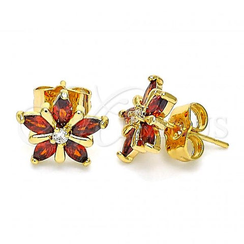 Oro Laminado Stud Earring, Gold Filled Style Flower Design, with Garnet and White Cubic Zirconia, Polished, Golden Finish, 02.387.0075