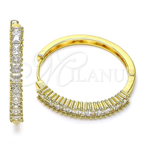 Oro Laminado Huggie Hoop, Gold Filled Style Baguette Design, with White Cubic Zirconia, Polished, Golden Finish, 02.210.0105.35